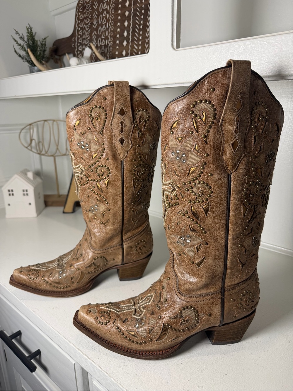 Corral Womens 8M Studded Rhinestone Cowboy Boots Brown Leather Snip Toe
